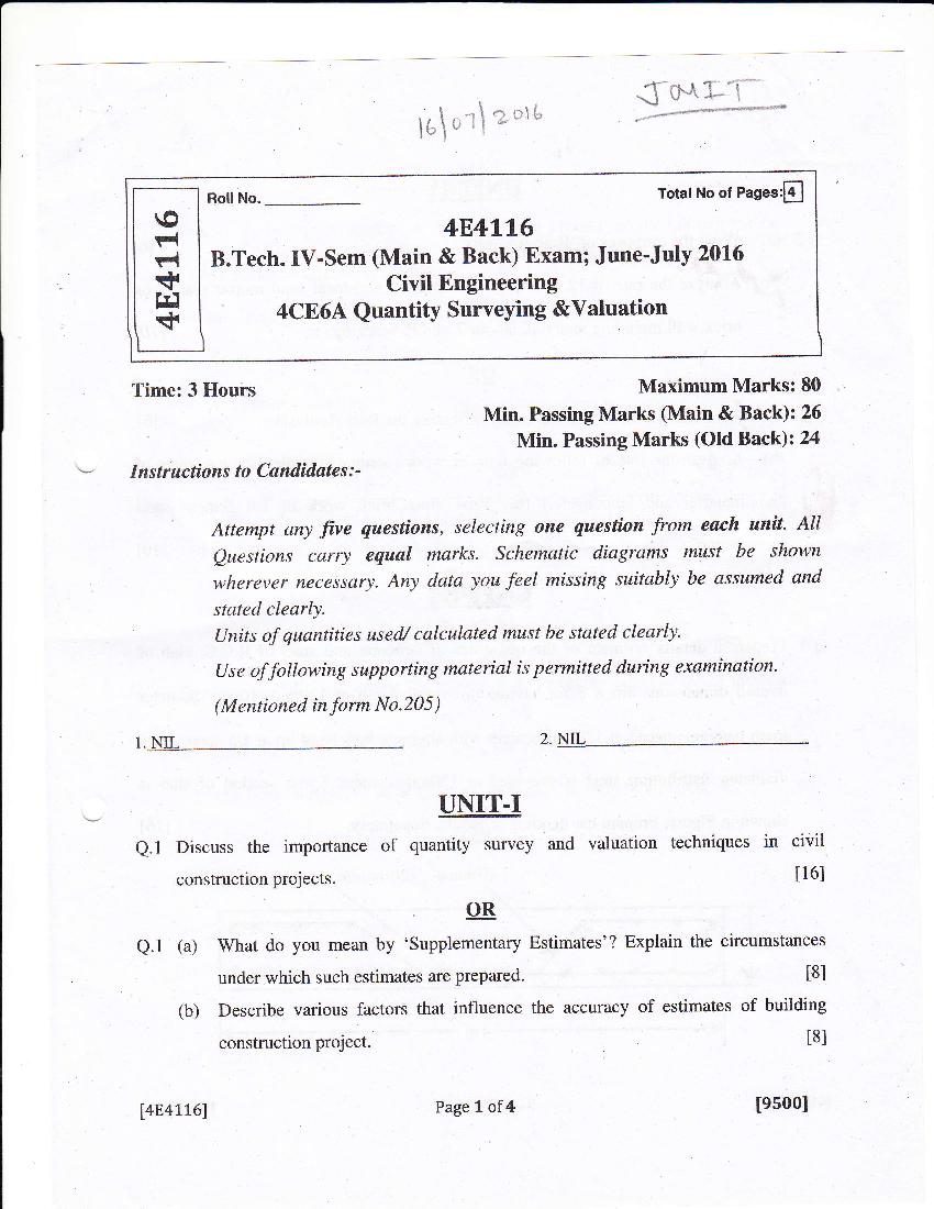 RTU 2016 Question Paper Semester IV Civil Engineering Quantity Surveying & Valuation - Page 1