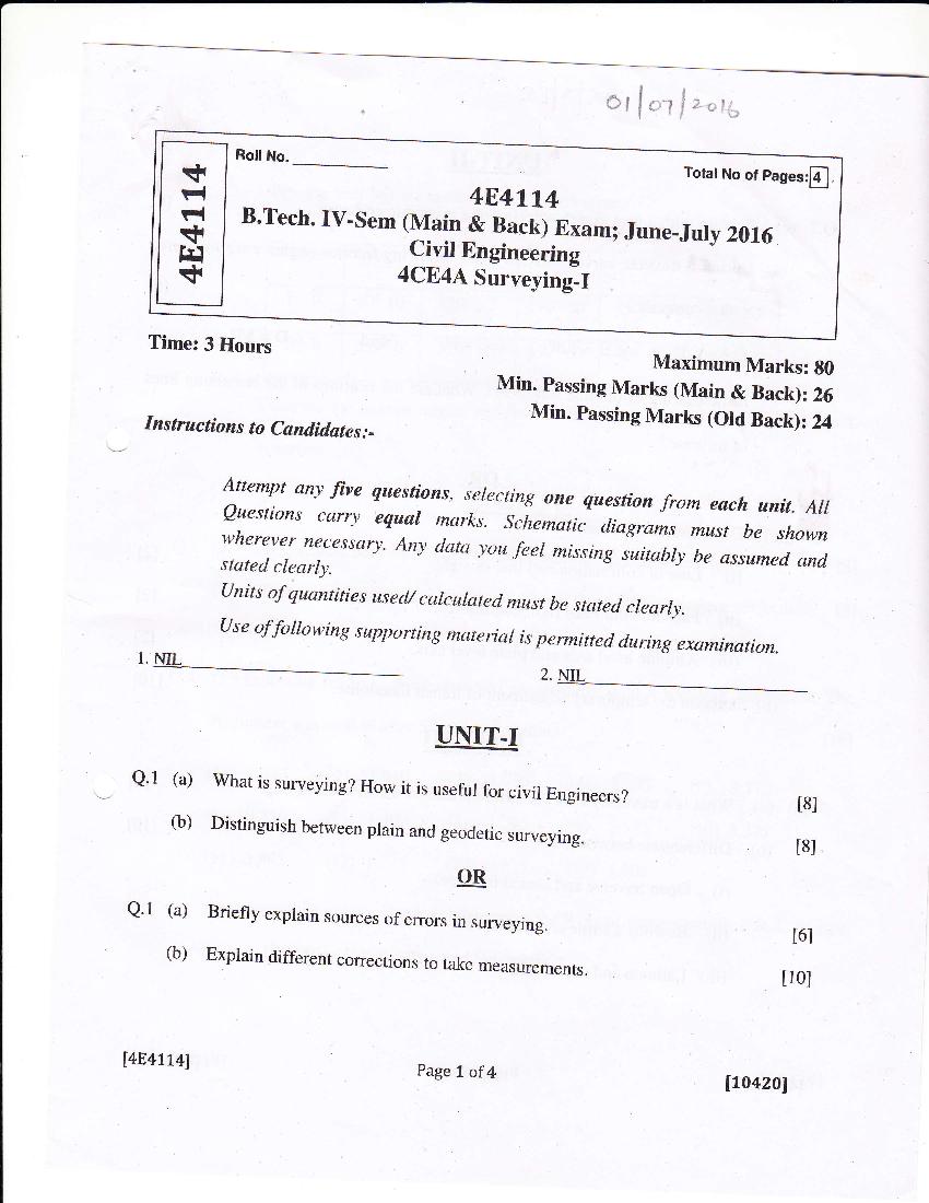 RTU 2016 Question Paper Semester IV Civil Engineering Surveying I - Page 1