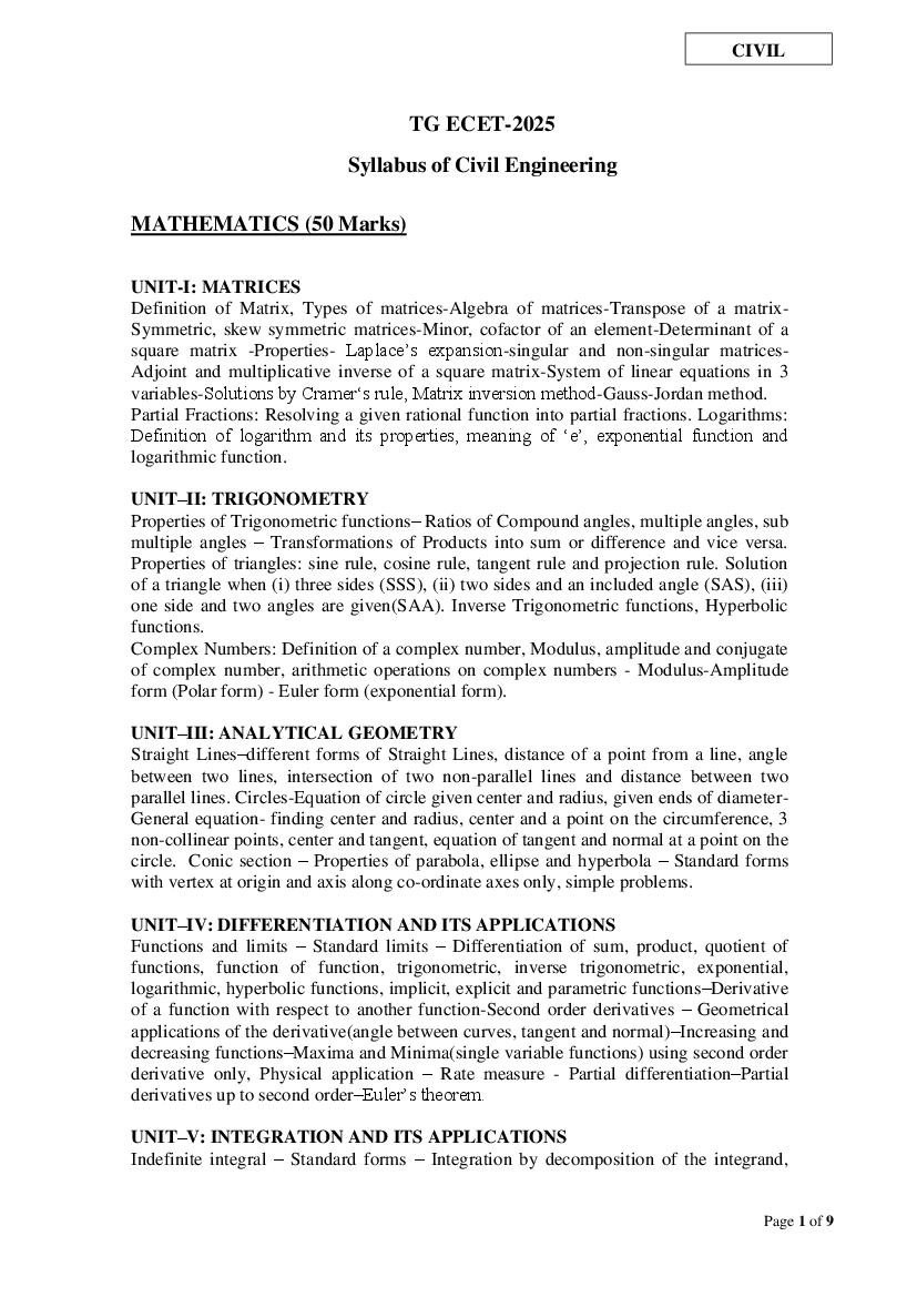 TS ECET 2025 Syllabus for Civil Engineering - Page 1 of 9