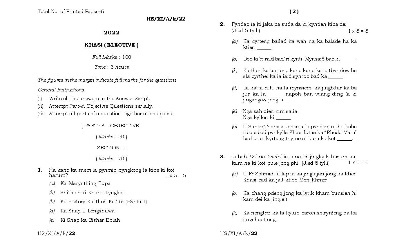 MBOSE Class 11 Question Paper 2022 for Khasi Elective - Page 1