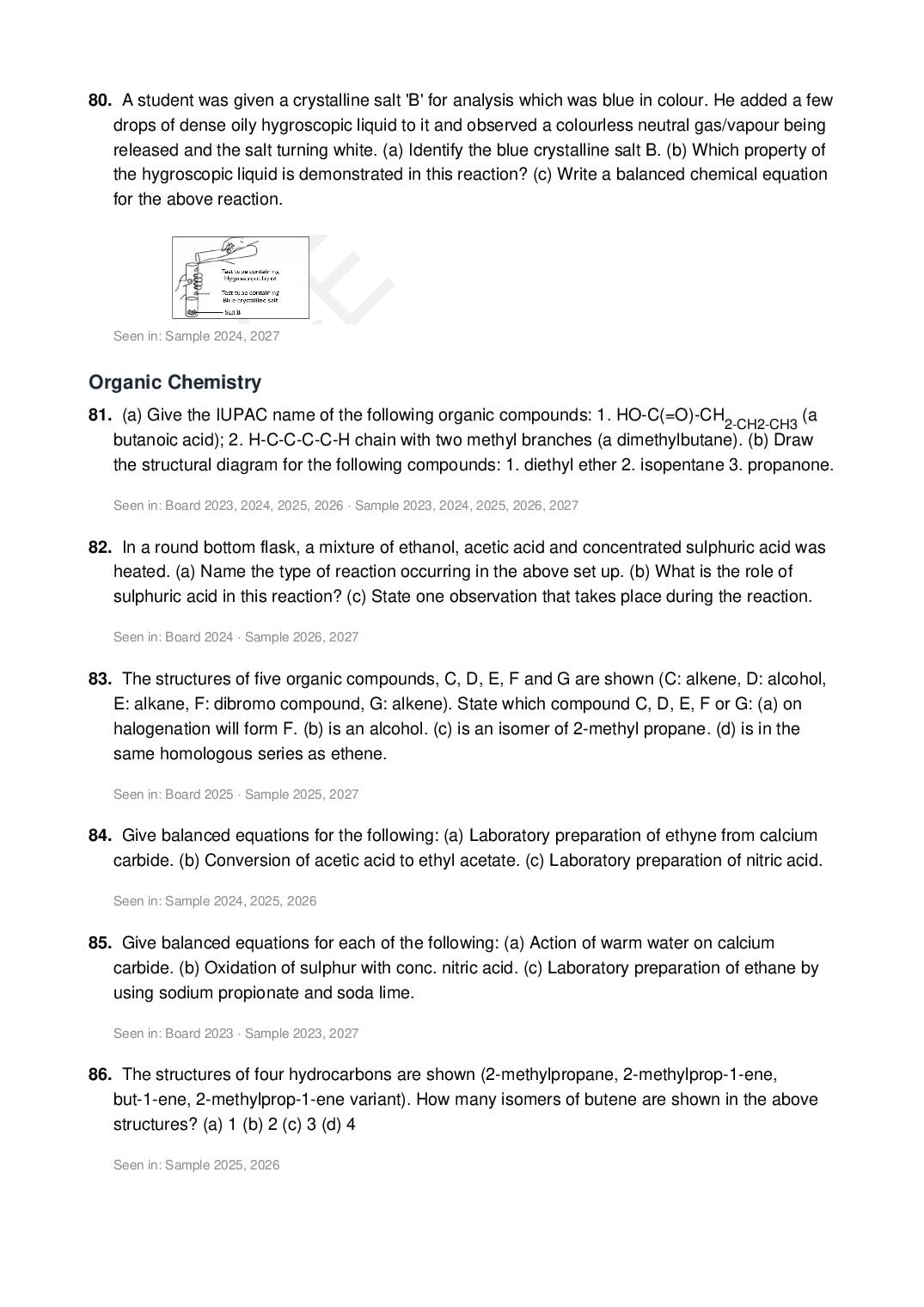 ICSE Class 10 Chemistry Important Questions 2027 (PDF)