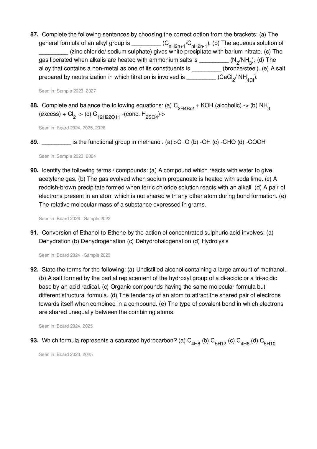 ICSE Class 10 Chemistry Important Questions 2027 (PDF)