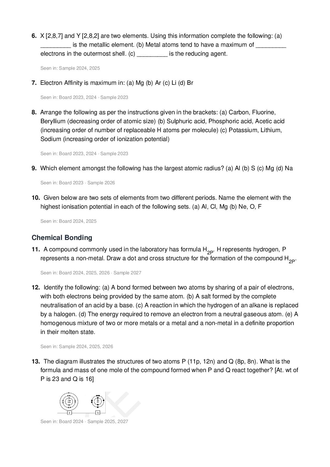 ICSE Class 10 Chemistry Important Questions 2027 (PDF)