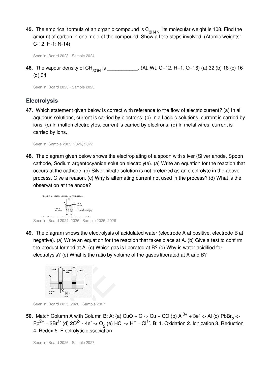 ICSE Class 10 Chemistry Important Questions 2027 (PDF)