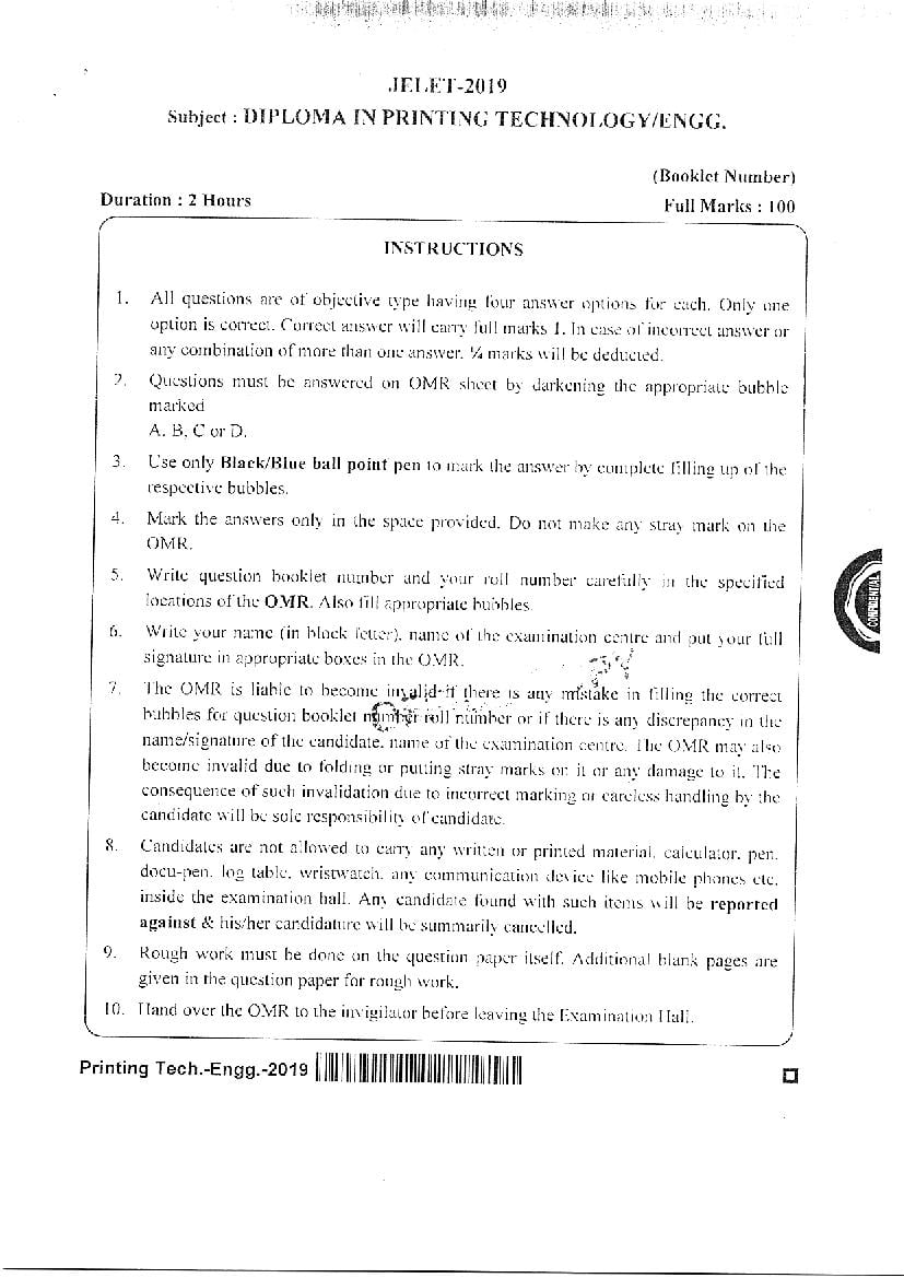 JELET 2019 Question Paper Diploma in Printing Technology - Page 1
