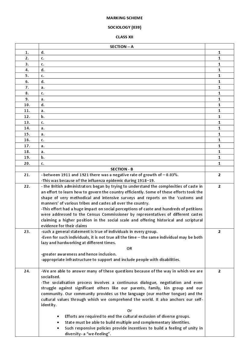 CBSE Class 12 Sample Paper 2023 Solution Sociology - Page 1