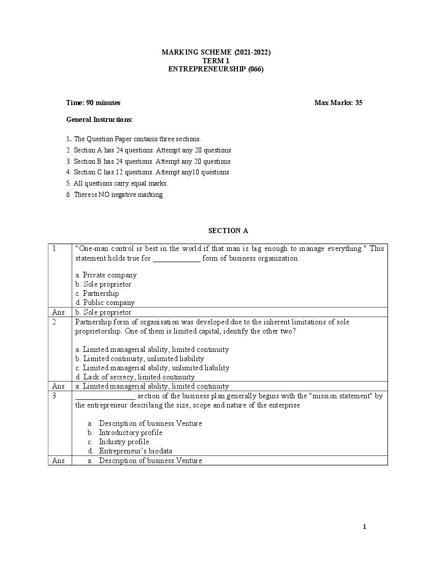 CBSE Class 12 Marking Scheme 2022 for Entrepreneurship - Page 1