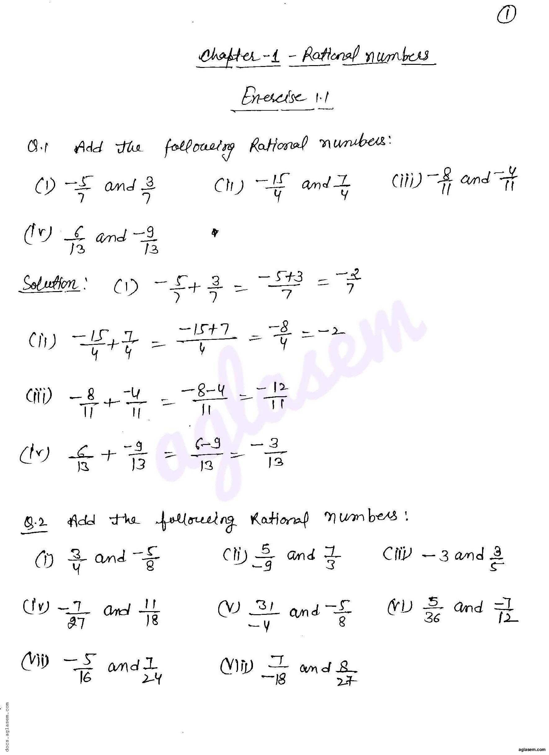 RD Sharma Solutions Class 8 Chapter 1 Rational Numbers Exercise 1.1 - Page 1