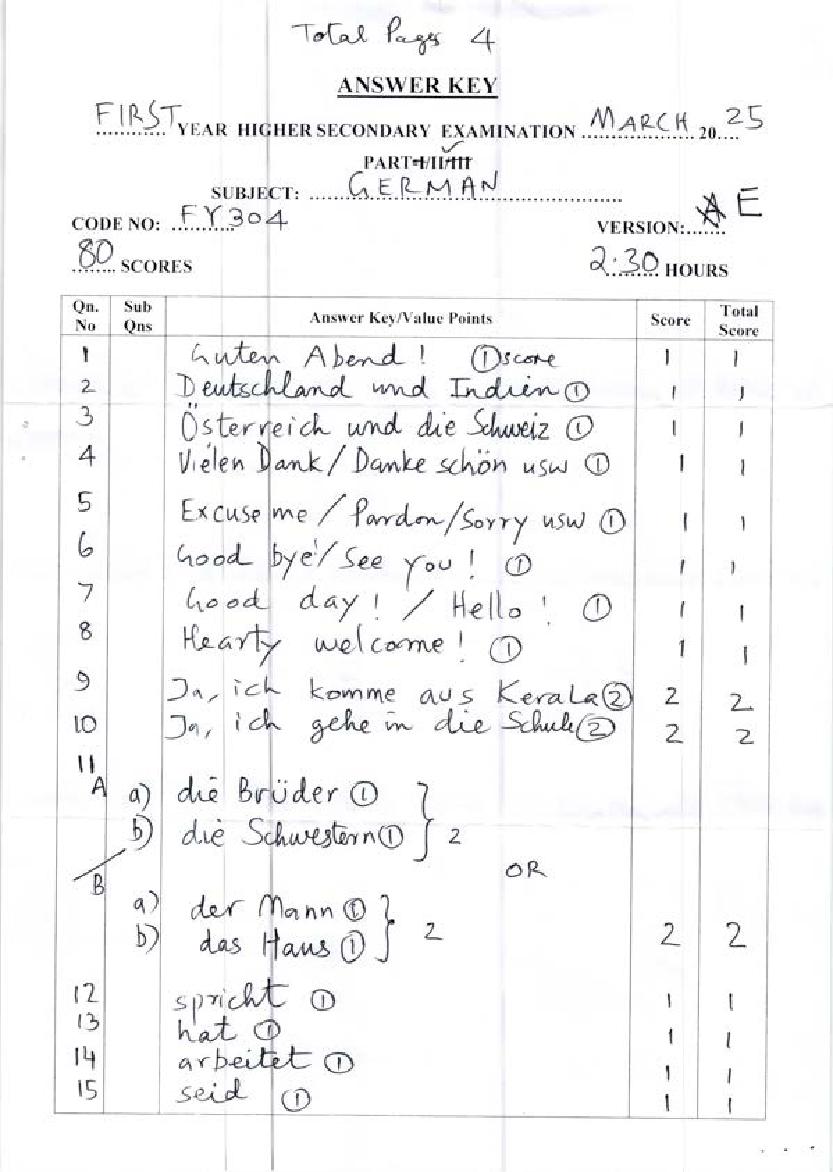 Kerala Plus One Answer Key 2025 German - Page 1