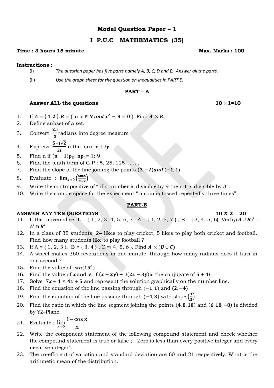 Karnataka 1st PUC Model Question Paper for Maths Set 1 - Page 1