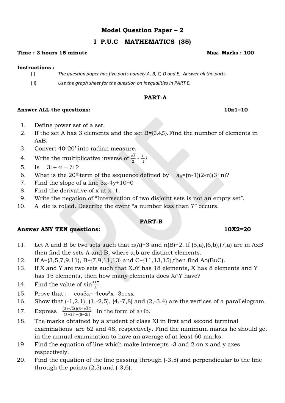 Karnataka 1st PUC Model Question Paper for Maths Set 2 - Page 1