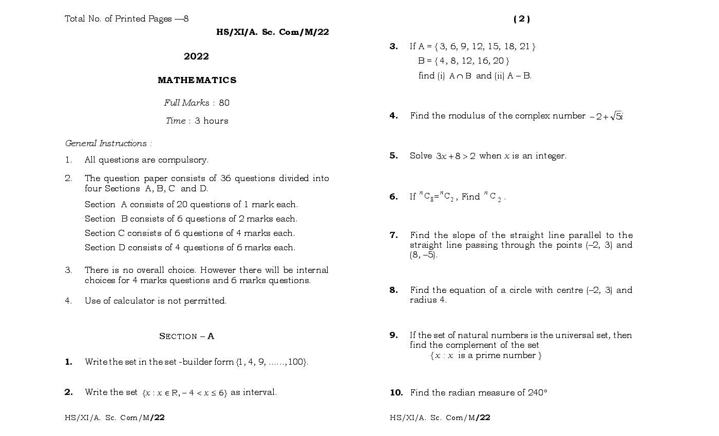 MBOSE Class 11 Question Paper 2022 for Maths - Page 1