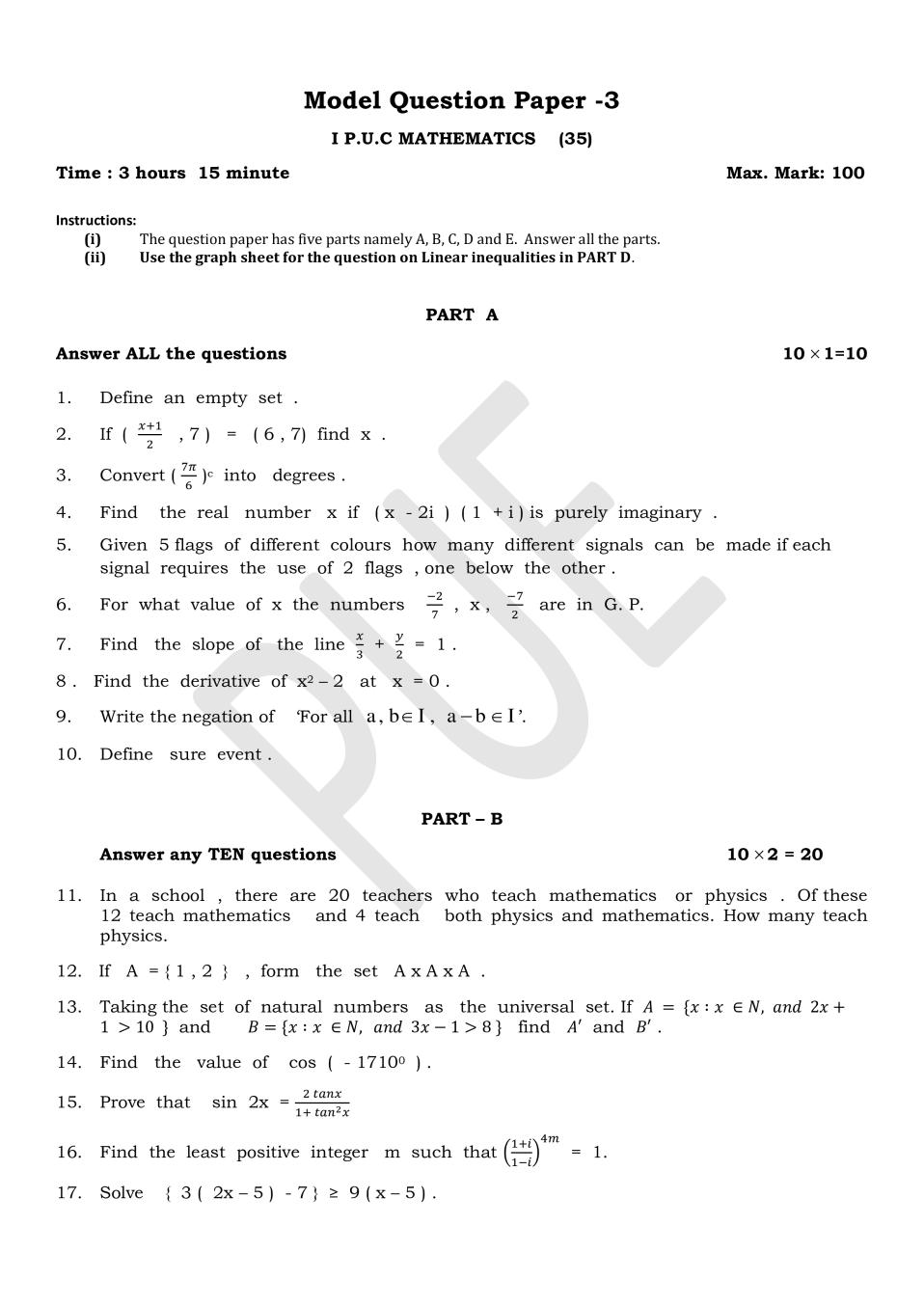 Karnataka 1st PUC Model Question Paper for Maths Set 3 - Page 1