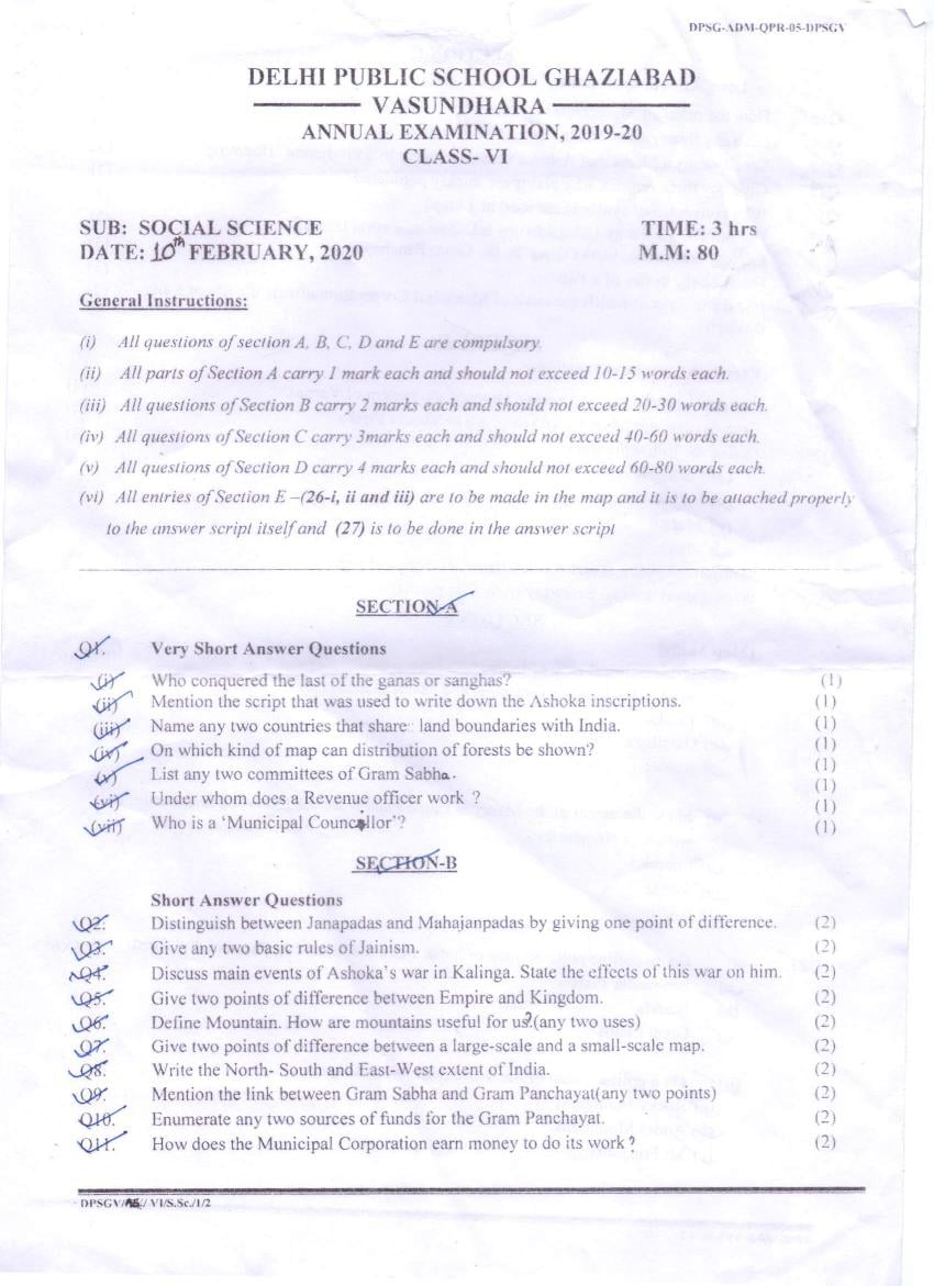 CBSE Class 6 Question Paper 2019 Social Science - Page 1