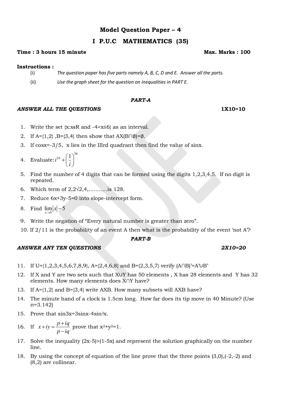 Karnataka 1st PUC Model Question Paper for Maths Set 4 - Page 1