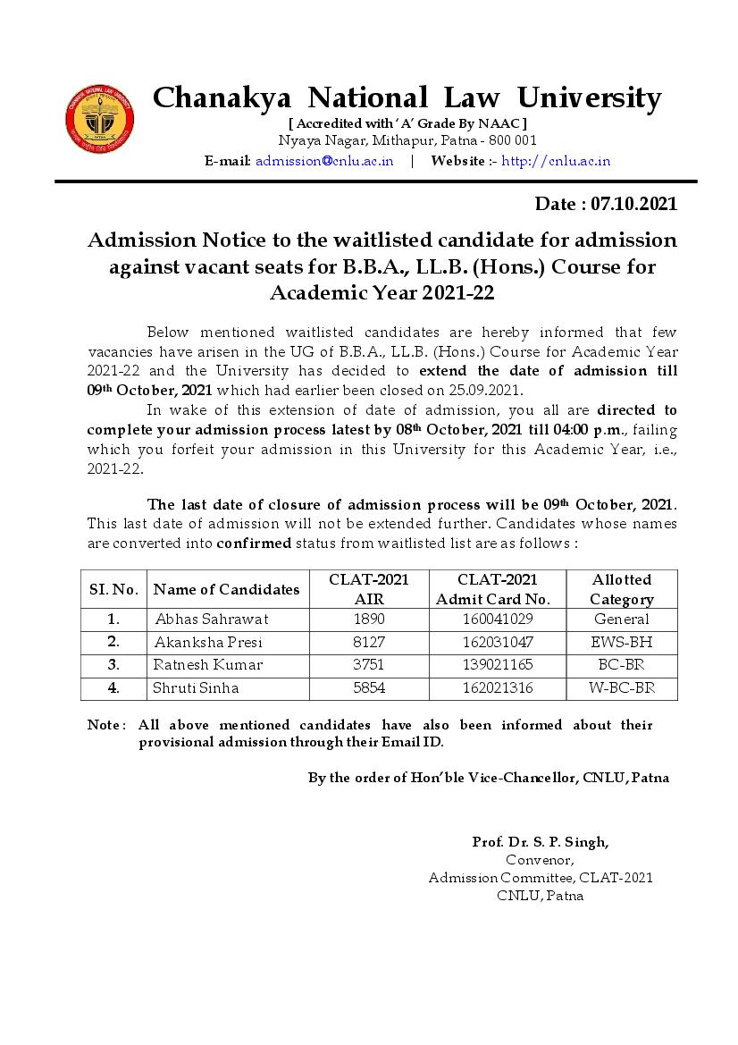 CNLU Admission 2021 Notice for Waitlisted Candidate for Against Vacant Seats - Page 1