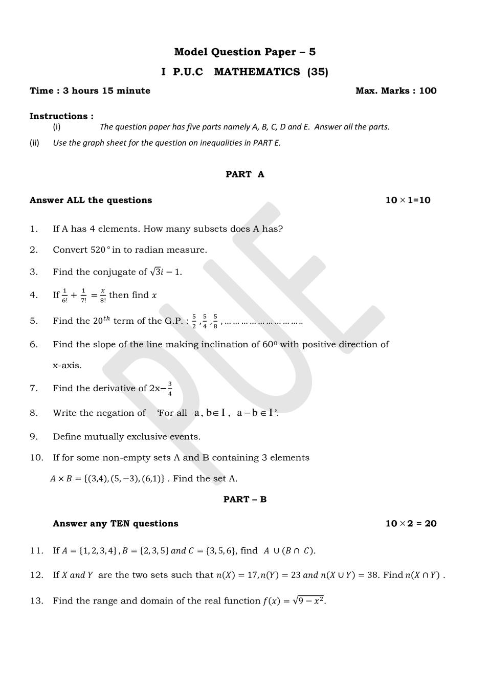 Karnataka 1st PUC Model Question Paper for Maths Set 5 - Page 1