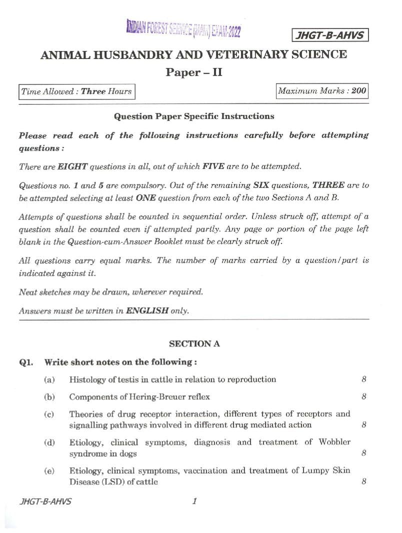 UPSC IFS 2022 Question Paper for Animal Husbandryandry and Veterinary Science Paper II  - Page 1