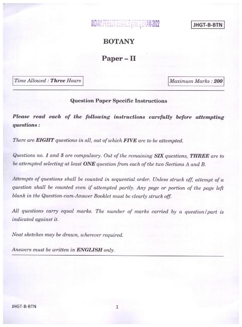UPSC IFS 2022 Question Paper for Botany Paper II  - Page 1