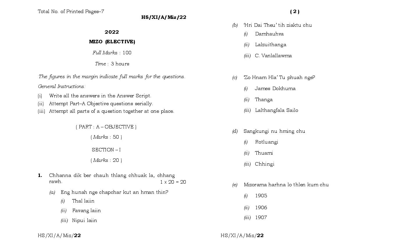 MBOSE Class 11 Question Paper 2022 for Mizo Elective - Page 1