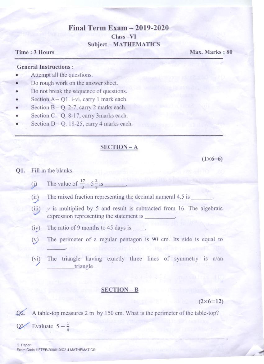 CBSE Class 6 Question Paper Annual Exam Maths