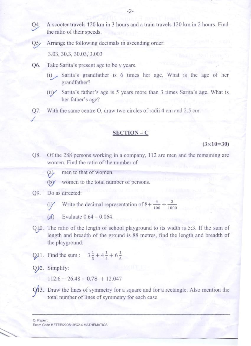 CBSE Class 6 Question Paper (Annual Exam) Maths