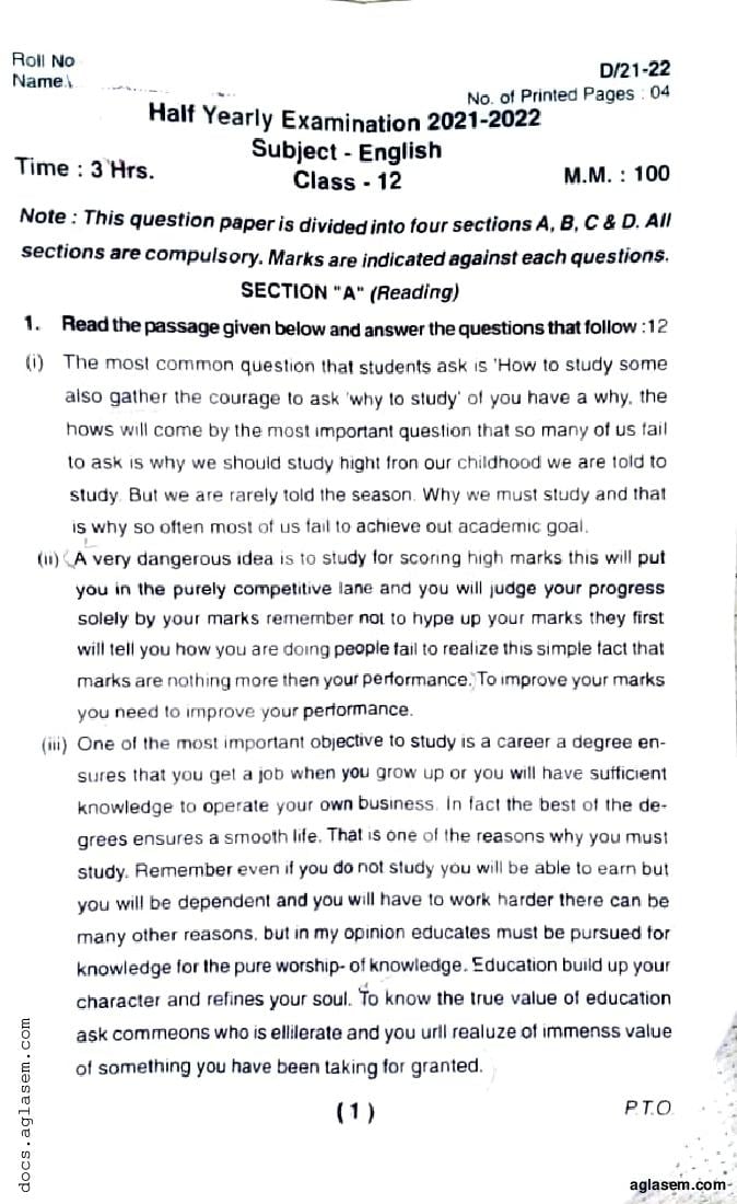 Uttarakhand board Class 12 Half Yearly 2021 Question Paper English - Page 1