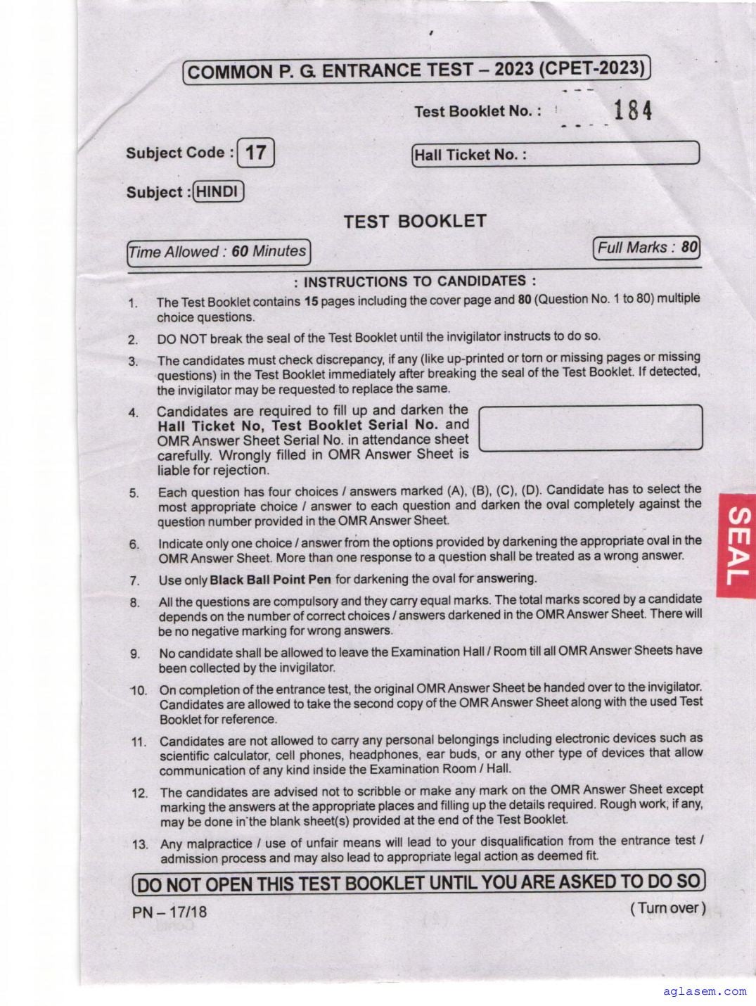 Odisha CPET 2023 Question Paper Hindi - Page 1 of 16
