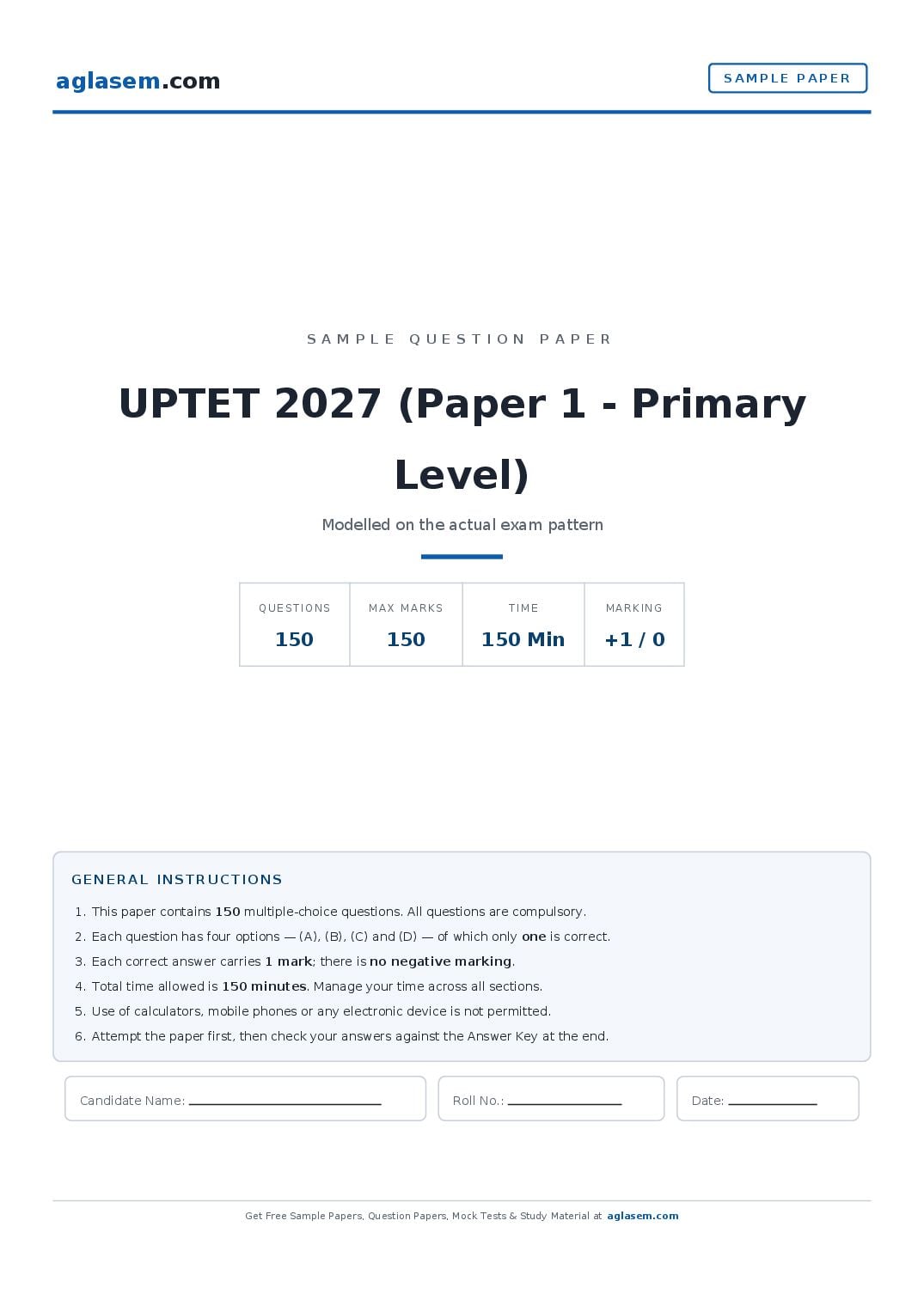 UPTET 2027 Sample Paper (Paper 1 - Primary Level) - Page 1 of 15