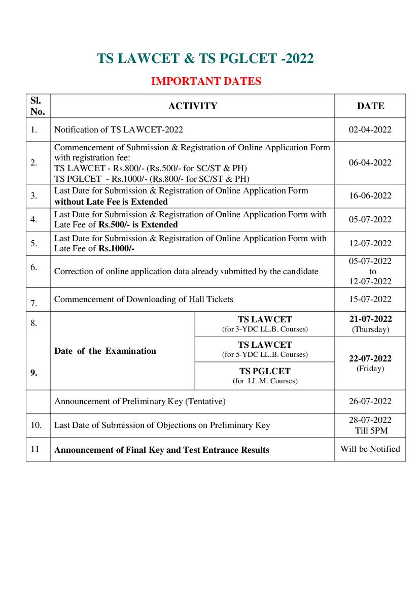 TS LAWCET and TS PGLCET -2022 Appliction Form Last Date Extended - Page 1