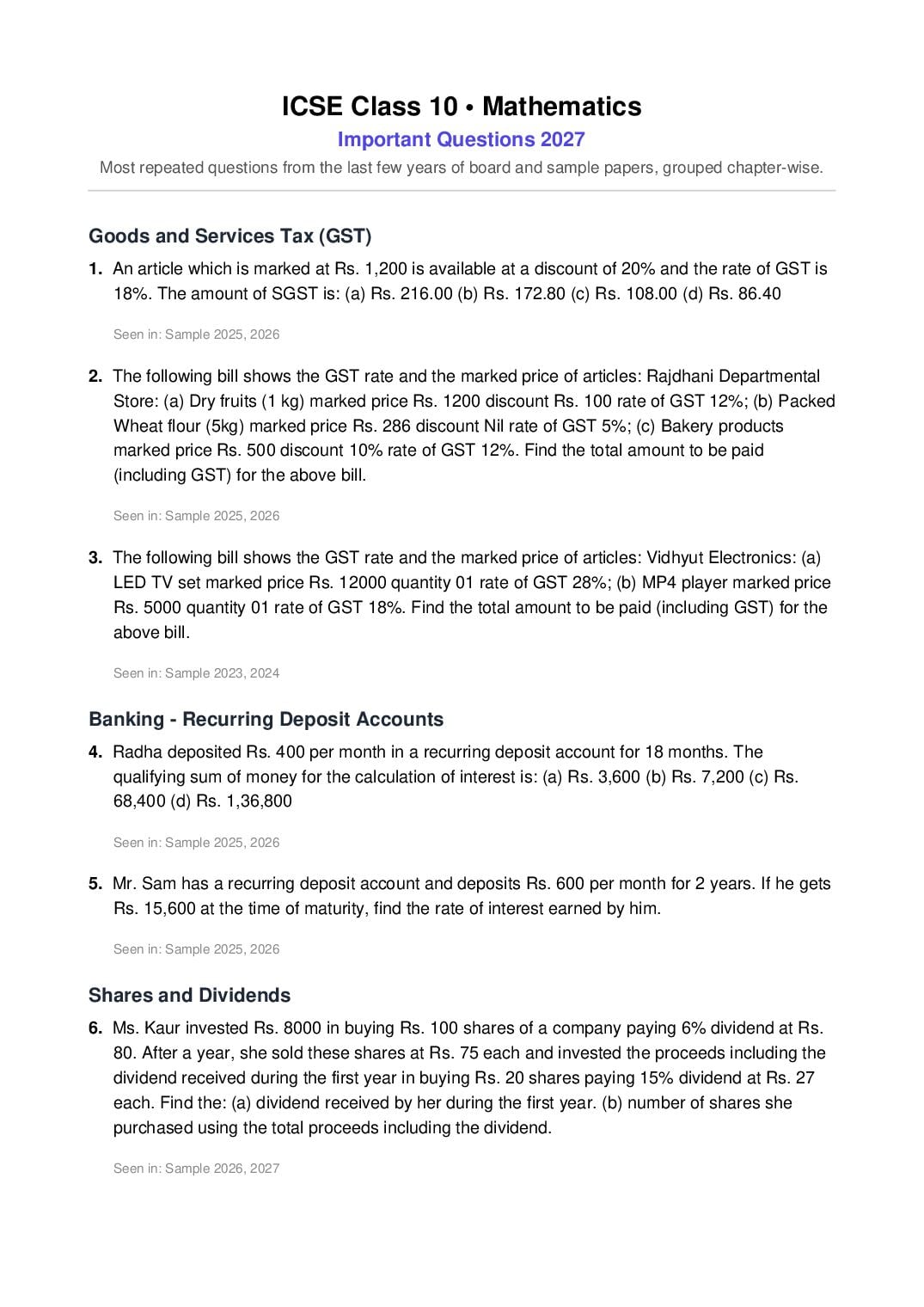 ICSE Class 10 Important Questions 2027 Mathematics - Page 1 of 8