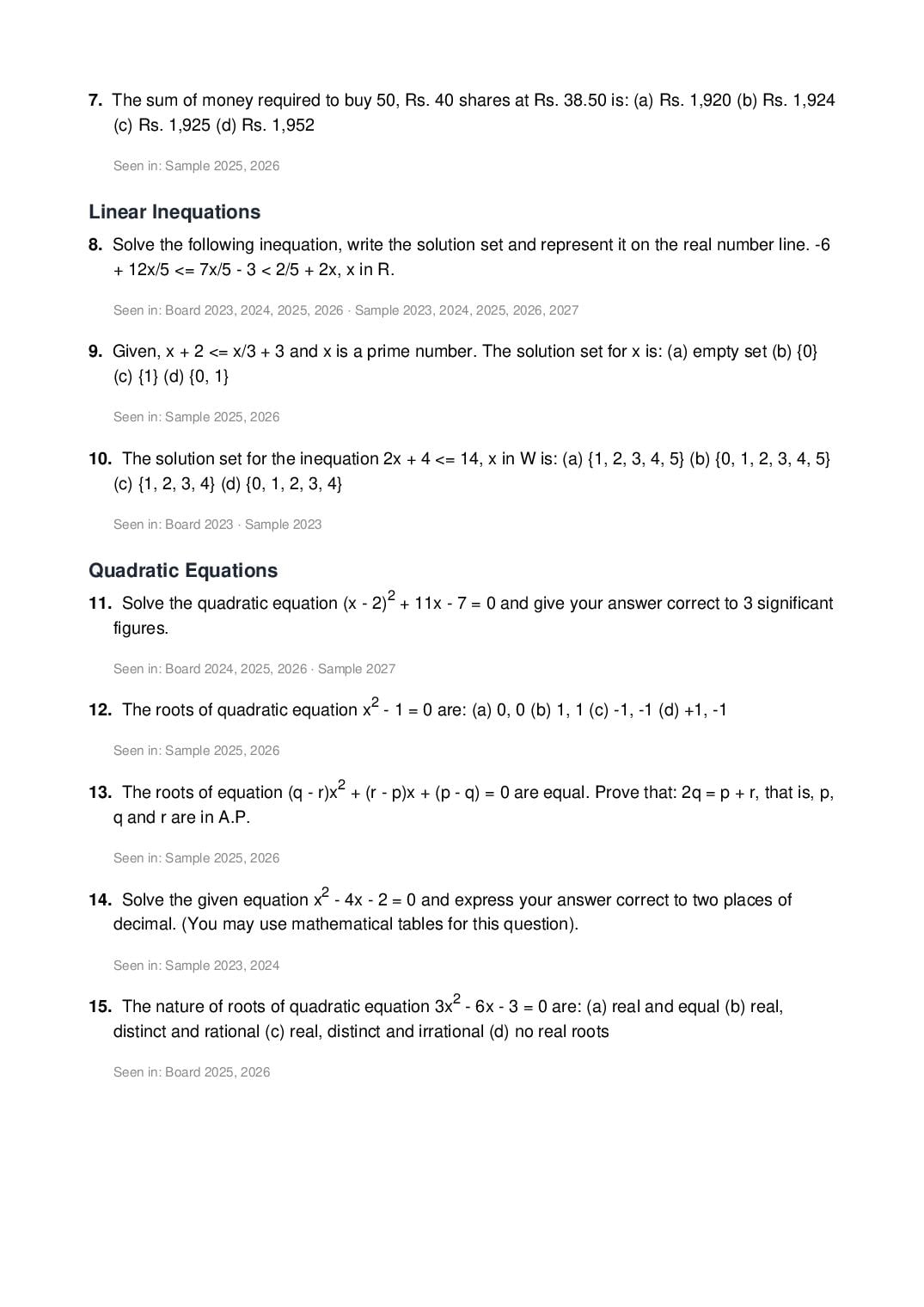 ICSE Class 10 Mathematics Important Questions 2027 (PDF)