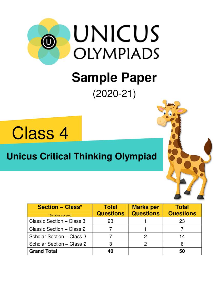Unicus Critical Thinking Olympiad (UCTO) Class 4 Sample Paper - Page 1 of 4