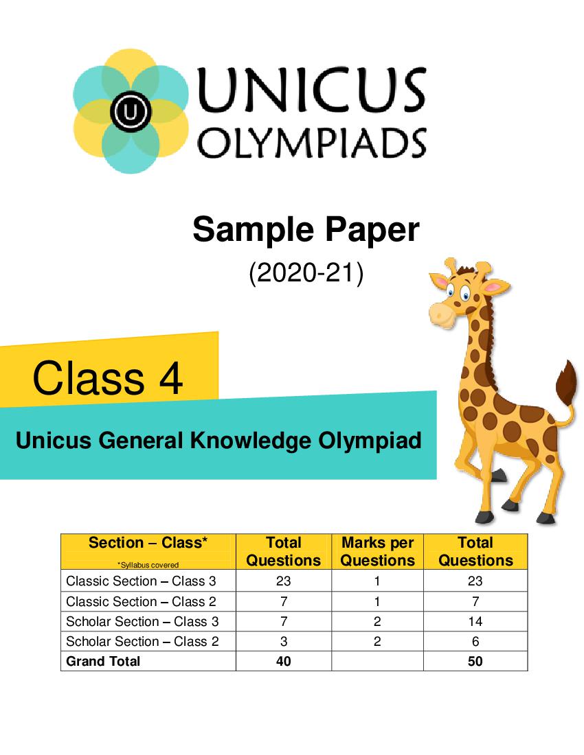 Unicus General Knowledge Olympiad (UGKO) Class 4 Sample Paper - Page 1 of 4