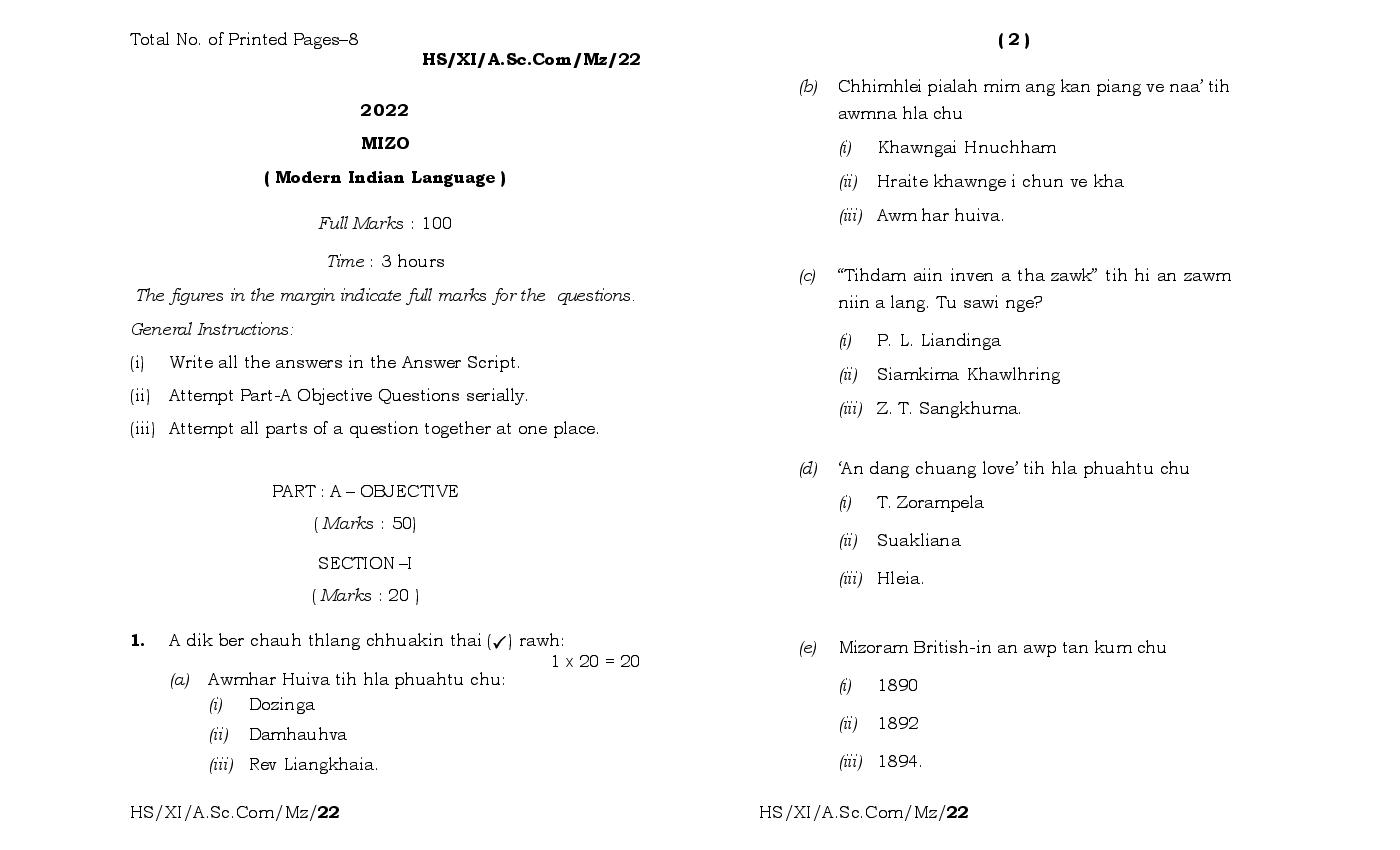 MBOSE Class 11 Question Paper 2022 for Mizo MIL - Page 1