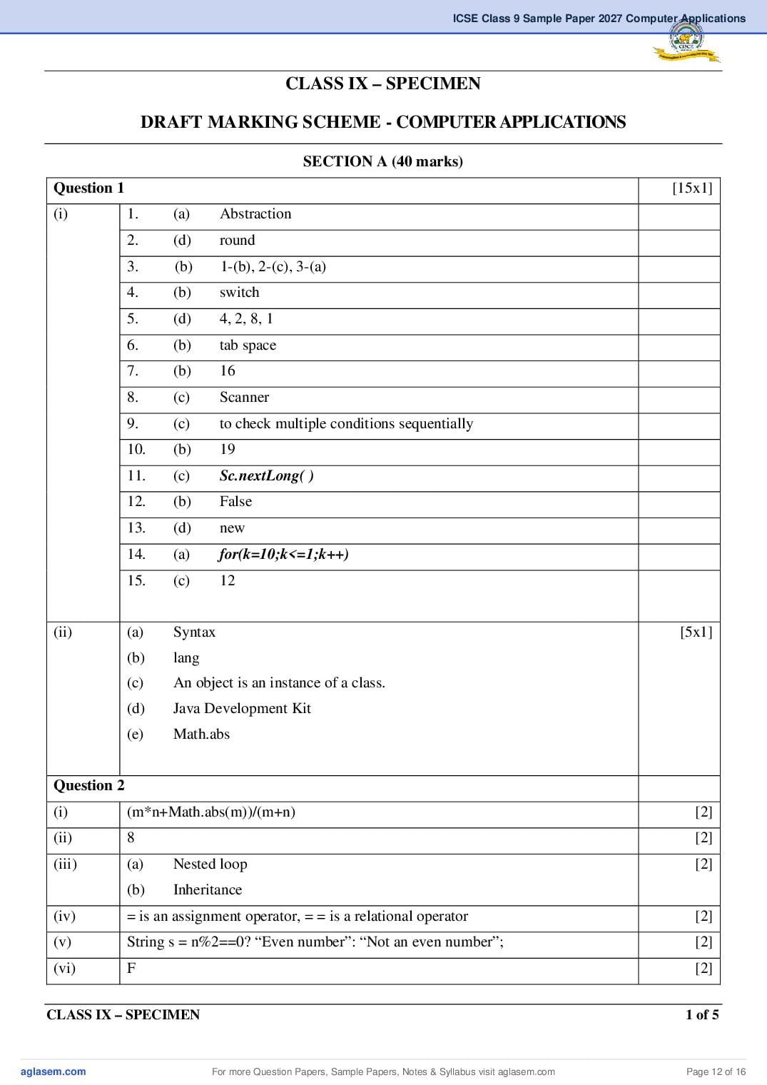 ICSE Class 9 Computer Applications Specimen Paper 2027 (PDF)