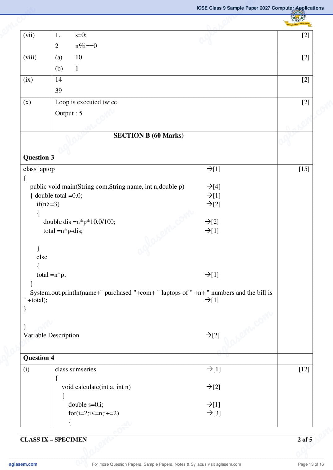 ICSE Class 9 Computer Applications Specimen Paper 2027 (PDF)