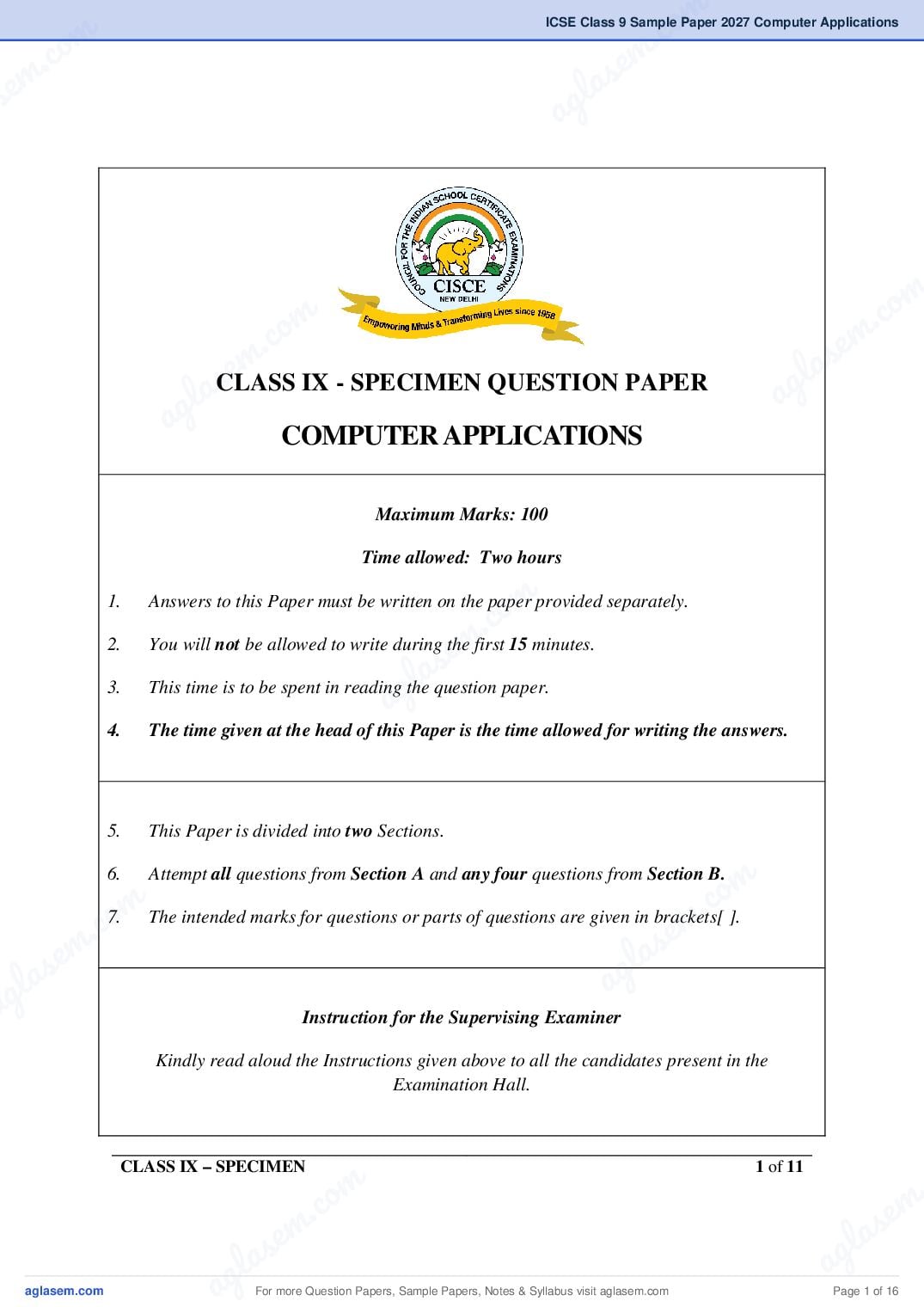 ICSE Class 9 Computer Applications Specimen Paper 2027 (PDF)