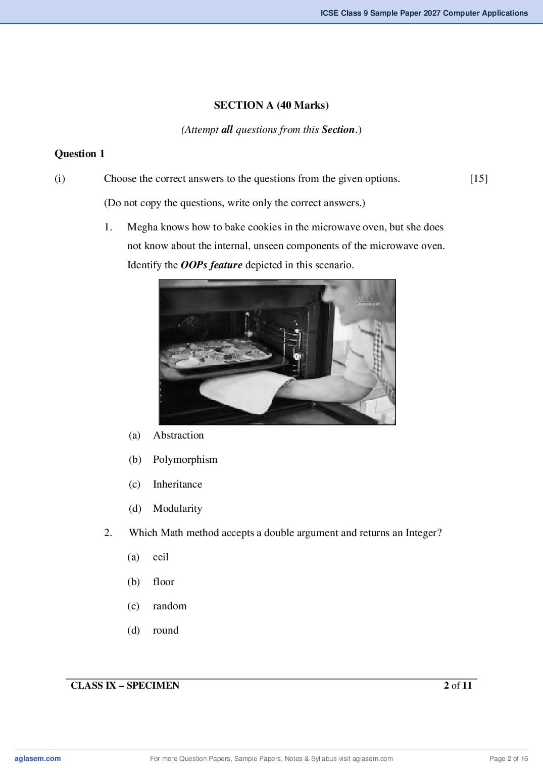 ICSE Class 9 Computer Applications Specimen Paper 2027 (PDF)