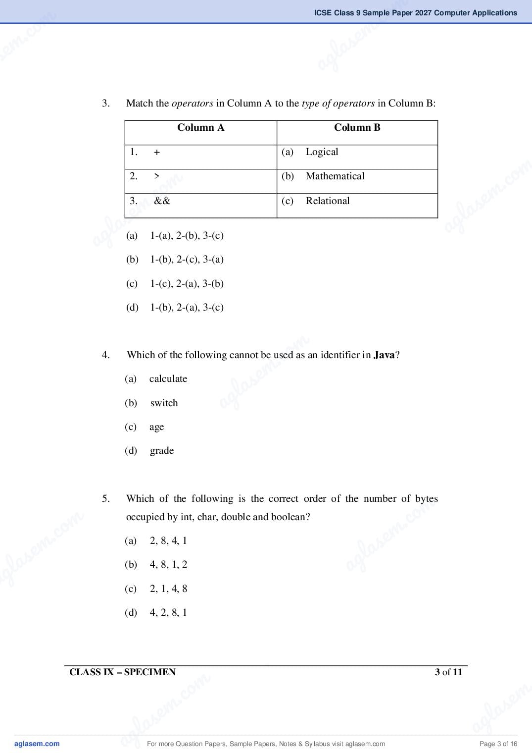 ICSE Class 9 Computer Applications Specimen Paper 2027 (PDF)