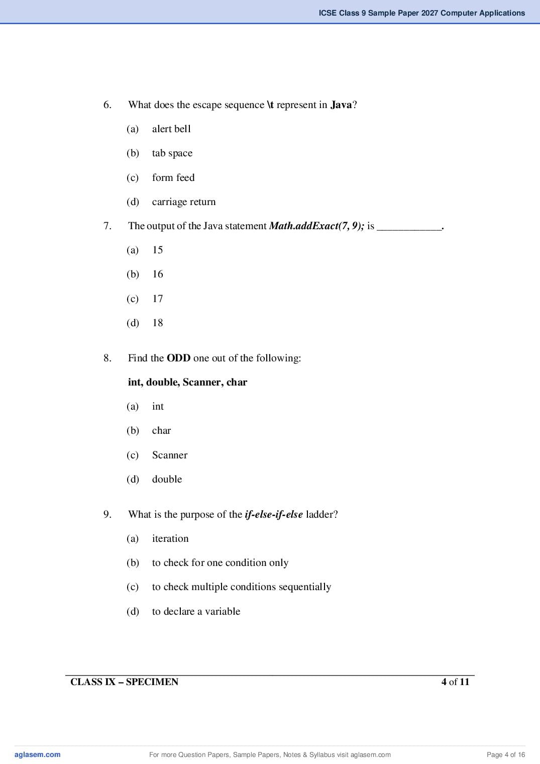 ICSE Class 9 Computer Applications Specimen Paper 2027 (PDF)