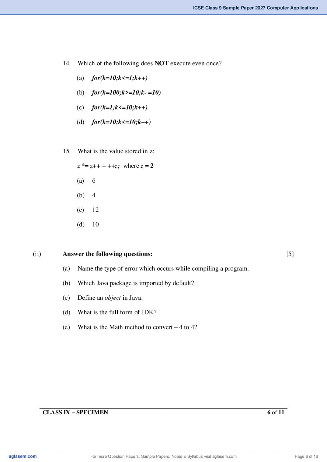 ICSE Class 9 Computer Applications Specimen Paper 2027 (PDF)