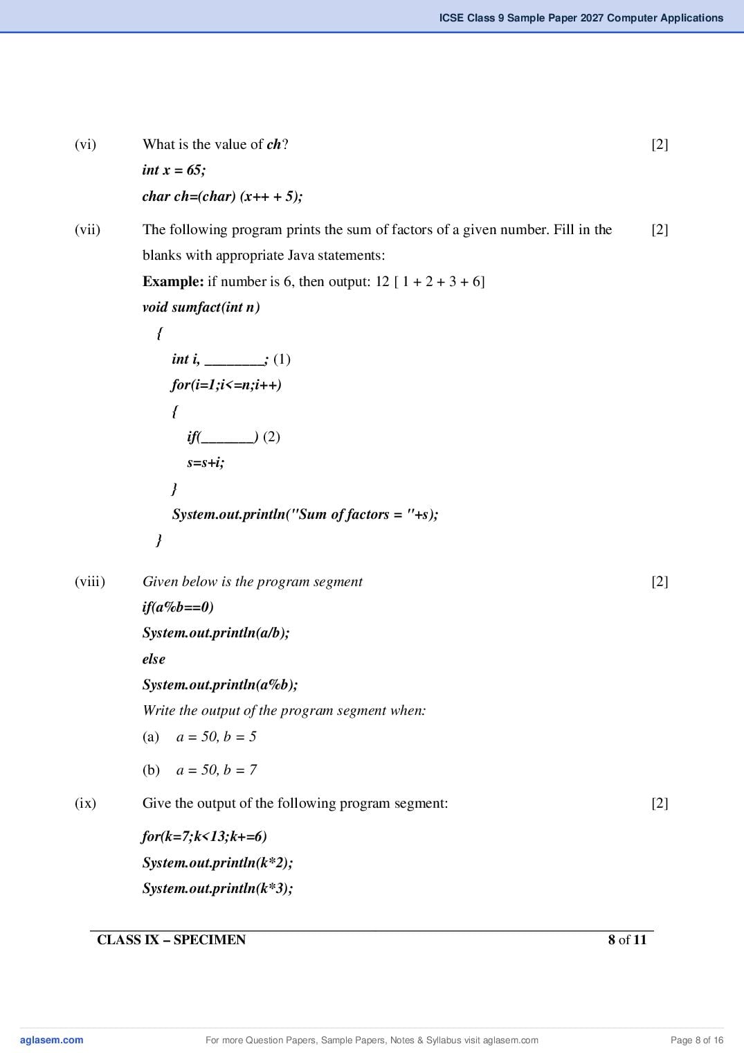 ICSE Class 9 Computer Applications Specimen Paper 2027 (PDF)