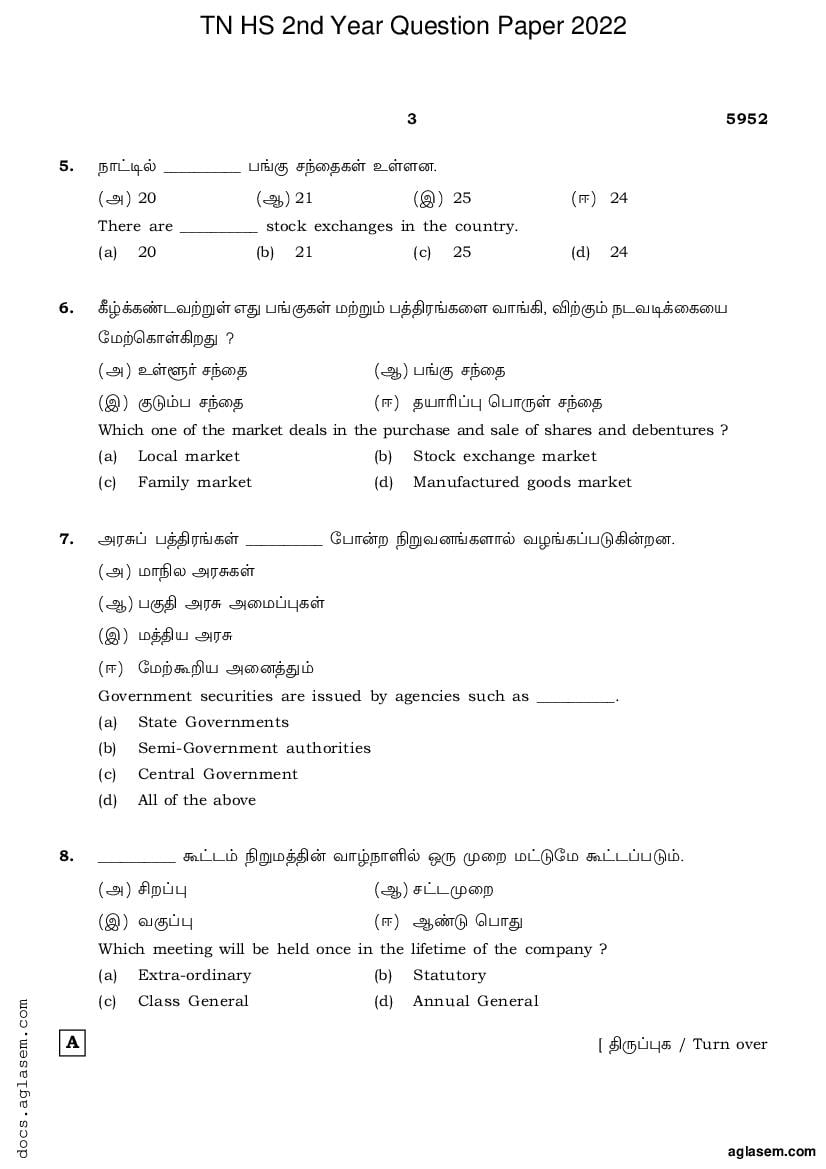 Tamil Nadu 12th Question Paper 2022 for Commerce (PDF)