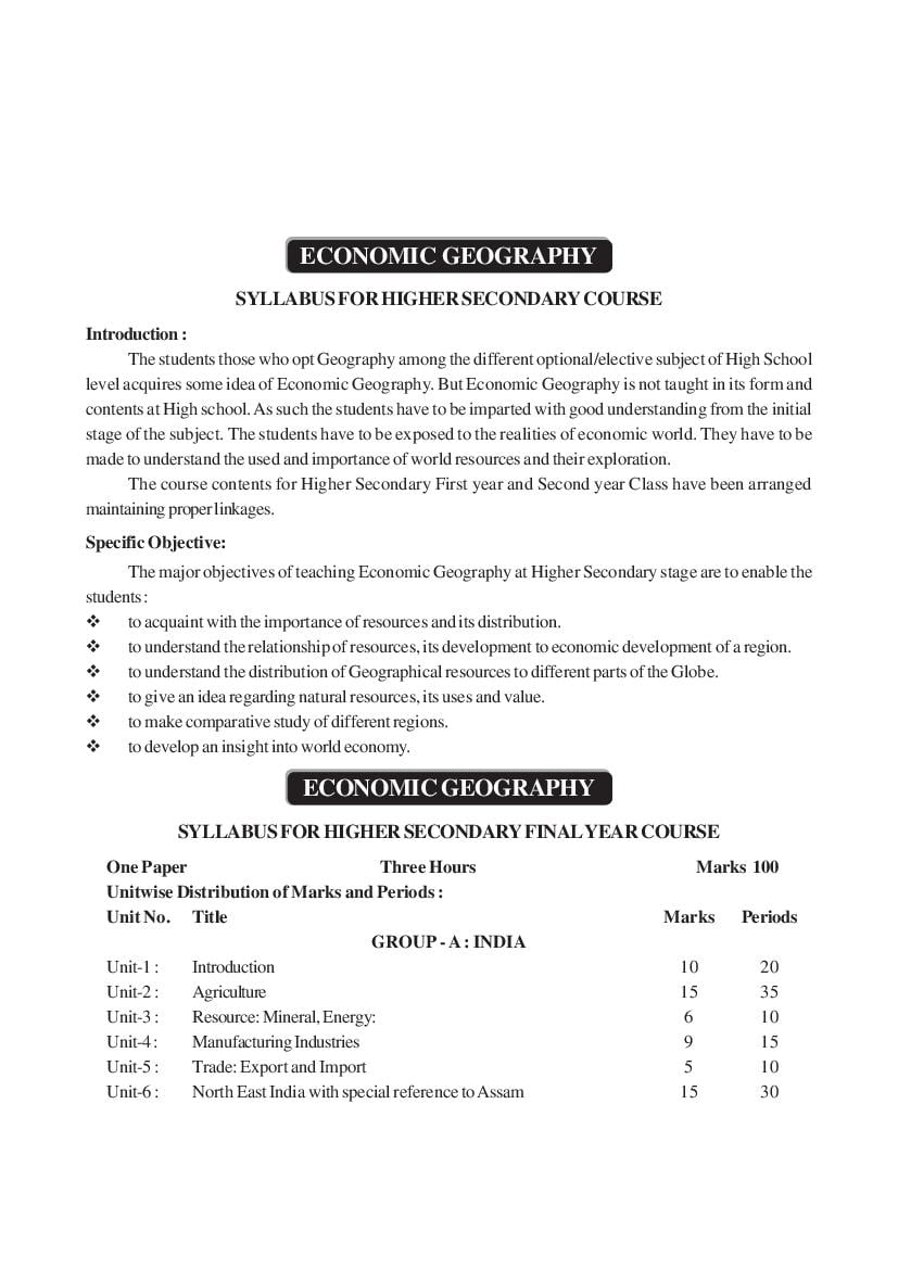 AHSEC 2nd Year Syllabus Economic Geography - Page 1