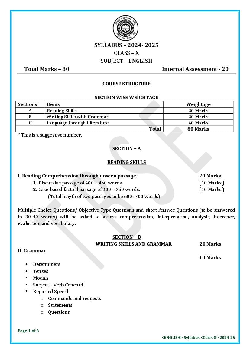 TBSE Class 10 Syllabus 2025 English - Page 1