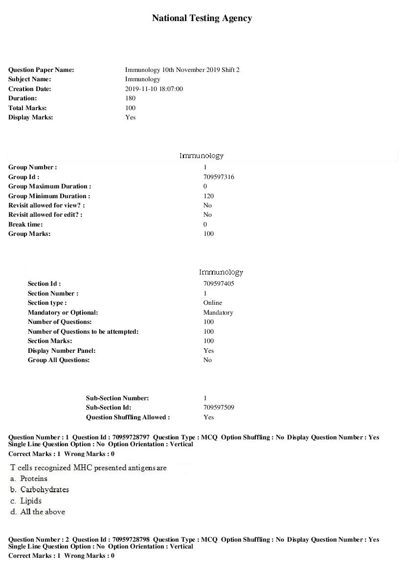 SWAYAM 2019 Question Paper Immunology - Page 1 of 21