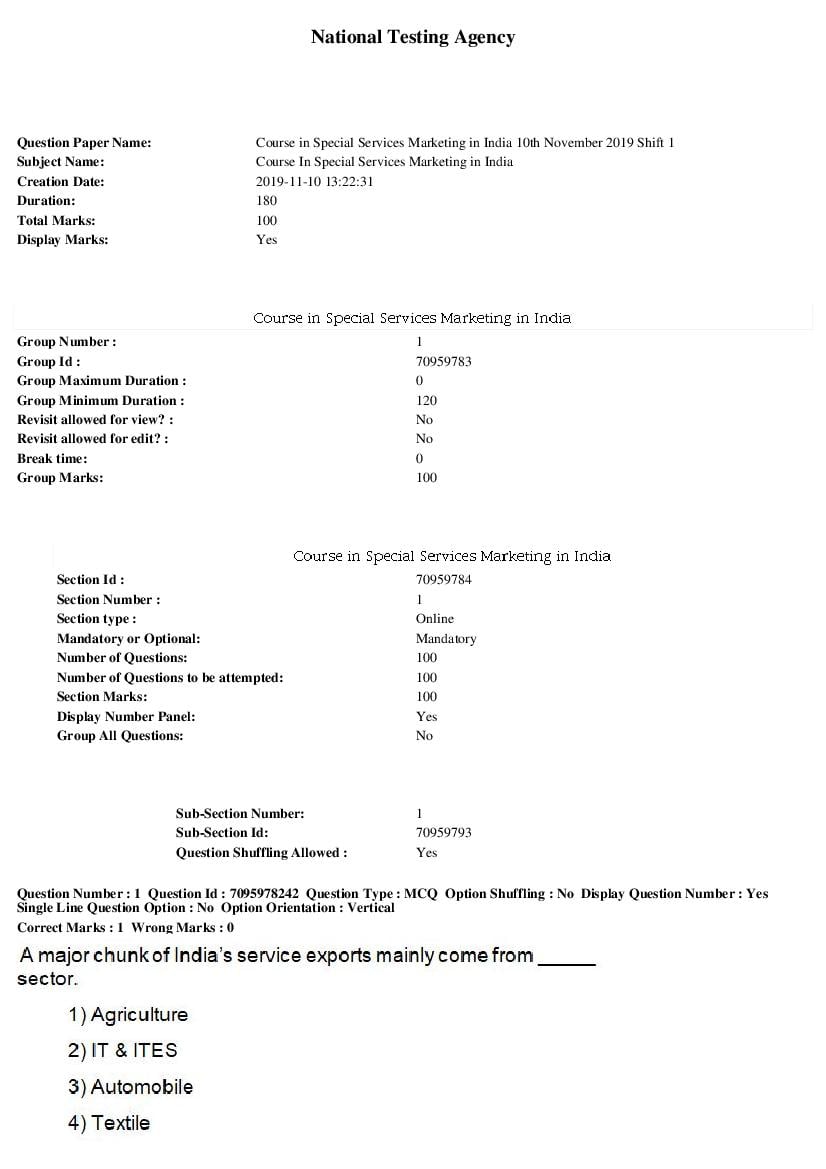 SWAYAM 2019 Question Paper Course In Special Services Marketing in India - Page 1 of 25