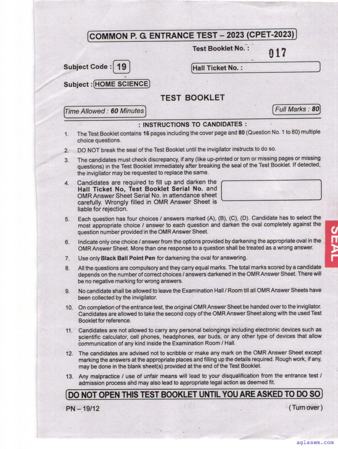 Odisha CPET 2023 Question Paper Home Science - Page 1 of 16