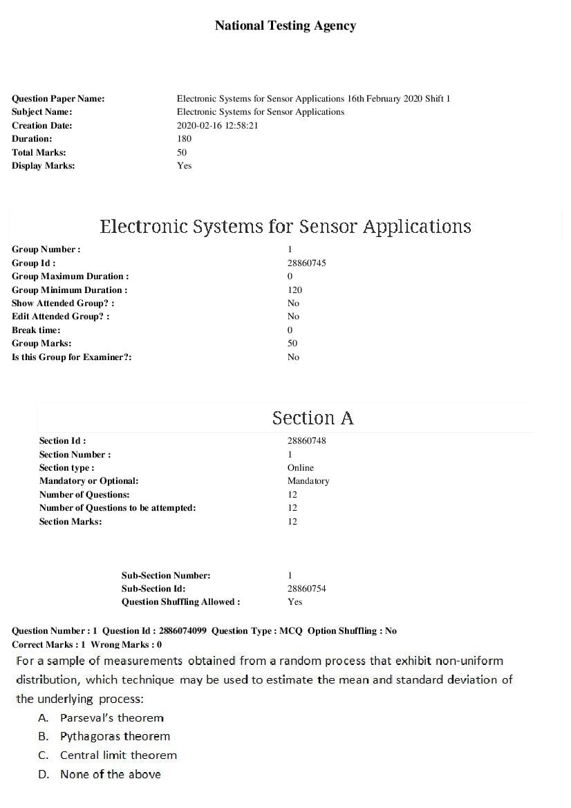 ARPIT 2020 Question Paper for Electronic Systems for Sensor Applications - Page 1